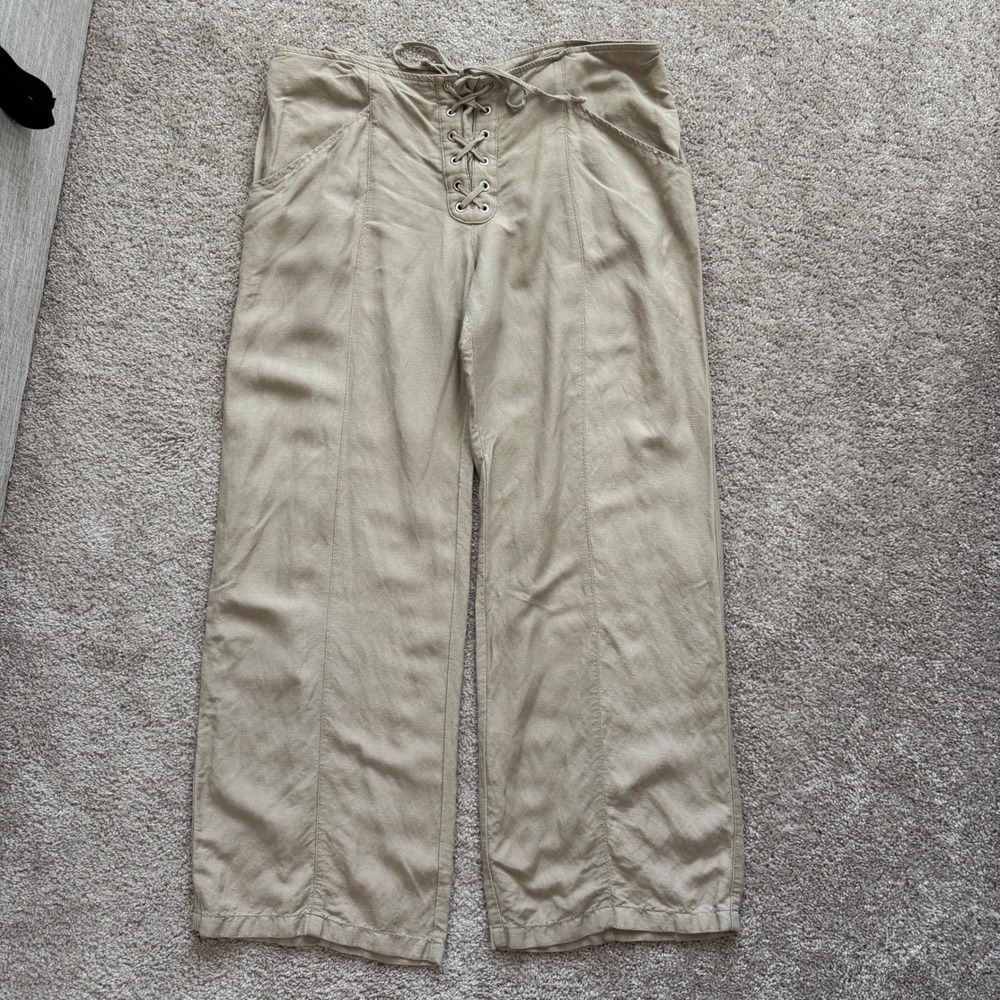 SHUKR Khaki Linen Blend Lace Up Front Wide Leg Pants XL Tan Modest Boho